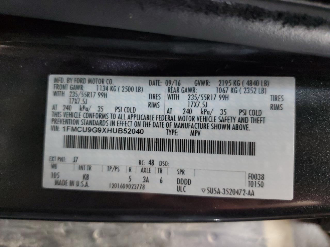 1FMCU9G9XHUB52040 2017 Ford Escape Se