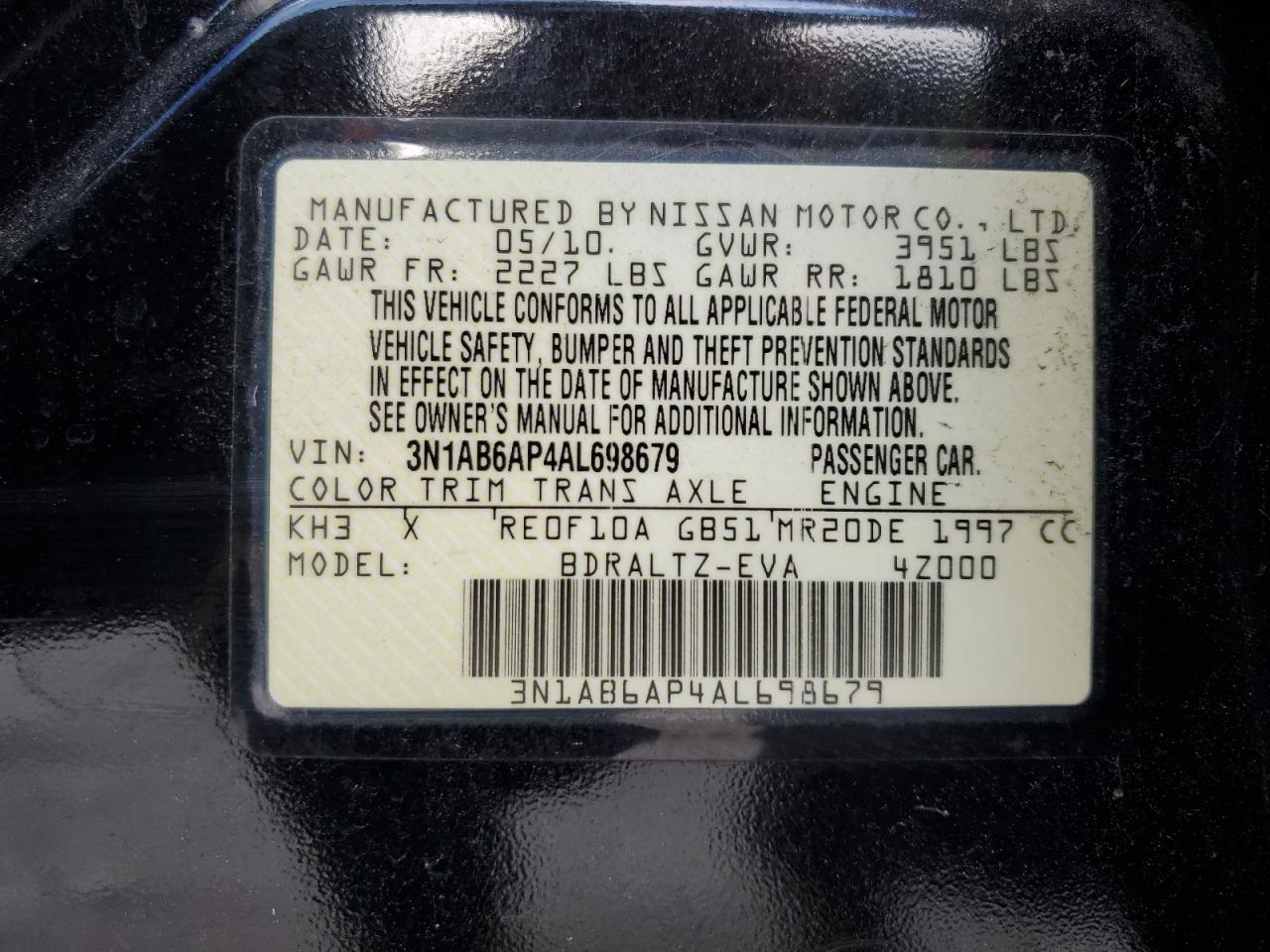 3N1AB6AP4AL698679 2010 Nissan Sentra 2.0