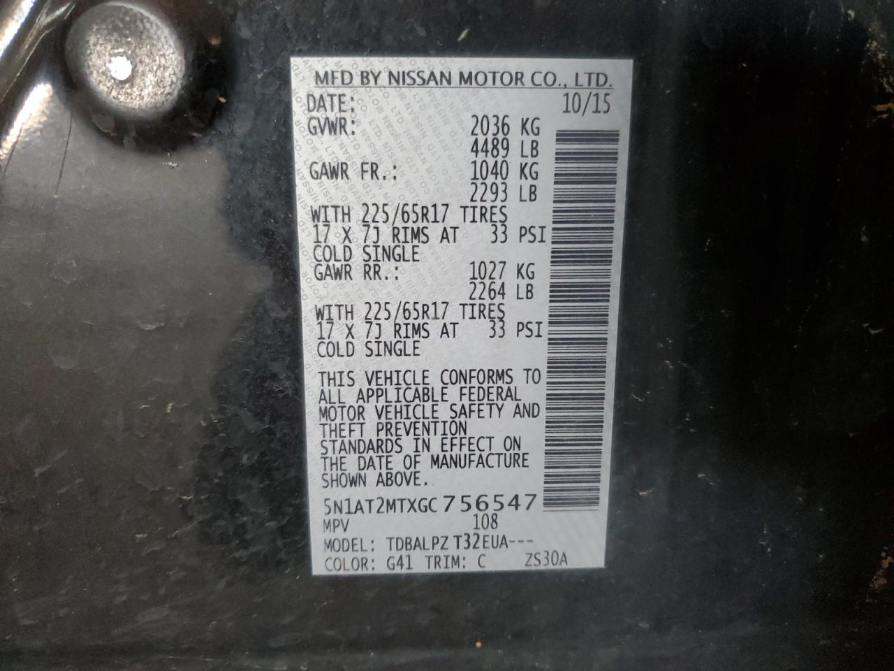 5N1AT2MTXGC756547 2016 Nissan Rogue S