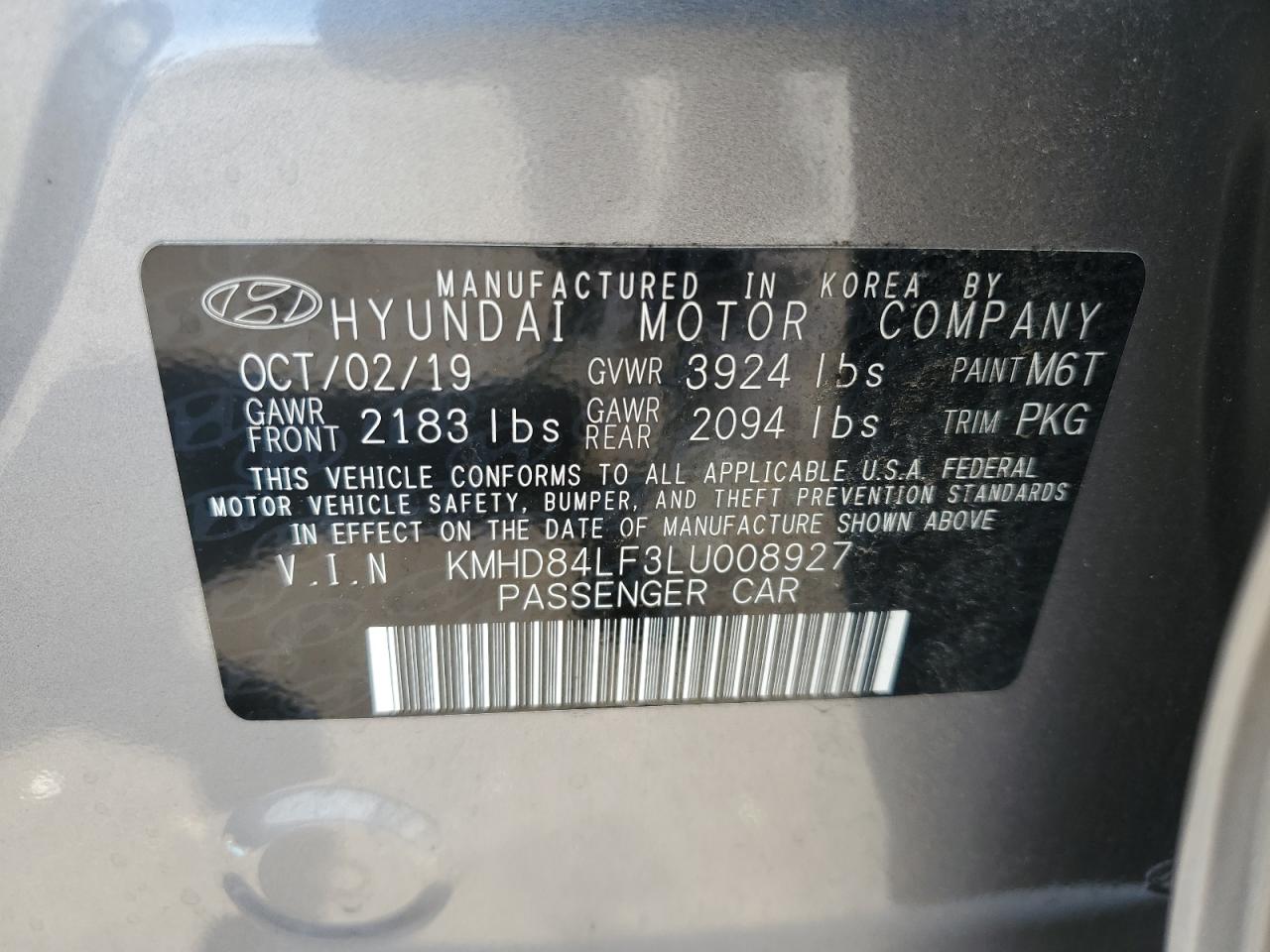 2020 Hyundai Elantra Sel VIN: KMHD84LF3LU008927 Lot: 71117794