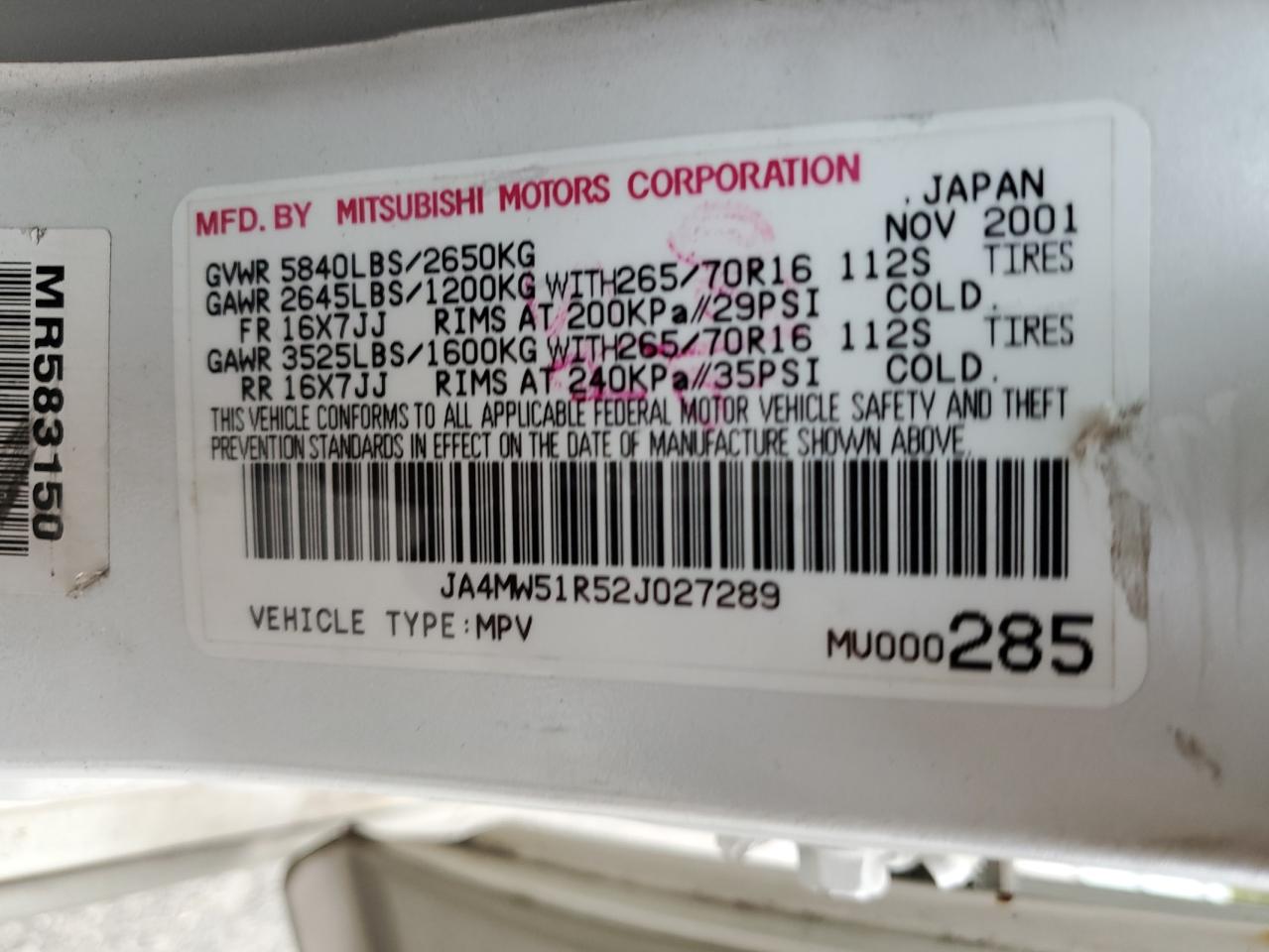 2002 Mitsubishi Montero Limited VIN: JA4MW51R52J027289 Lot: 71921024