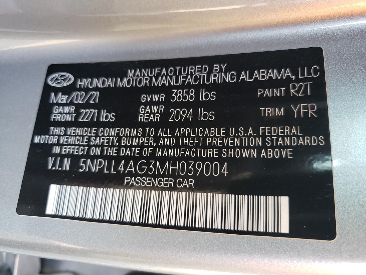 5NPLL4AG3MH039004 2021 Hyundai Elantra Se