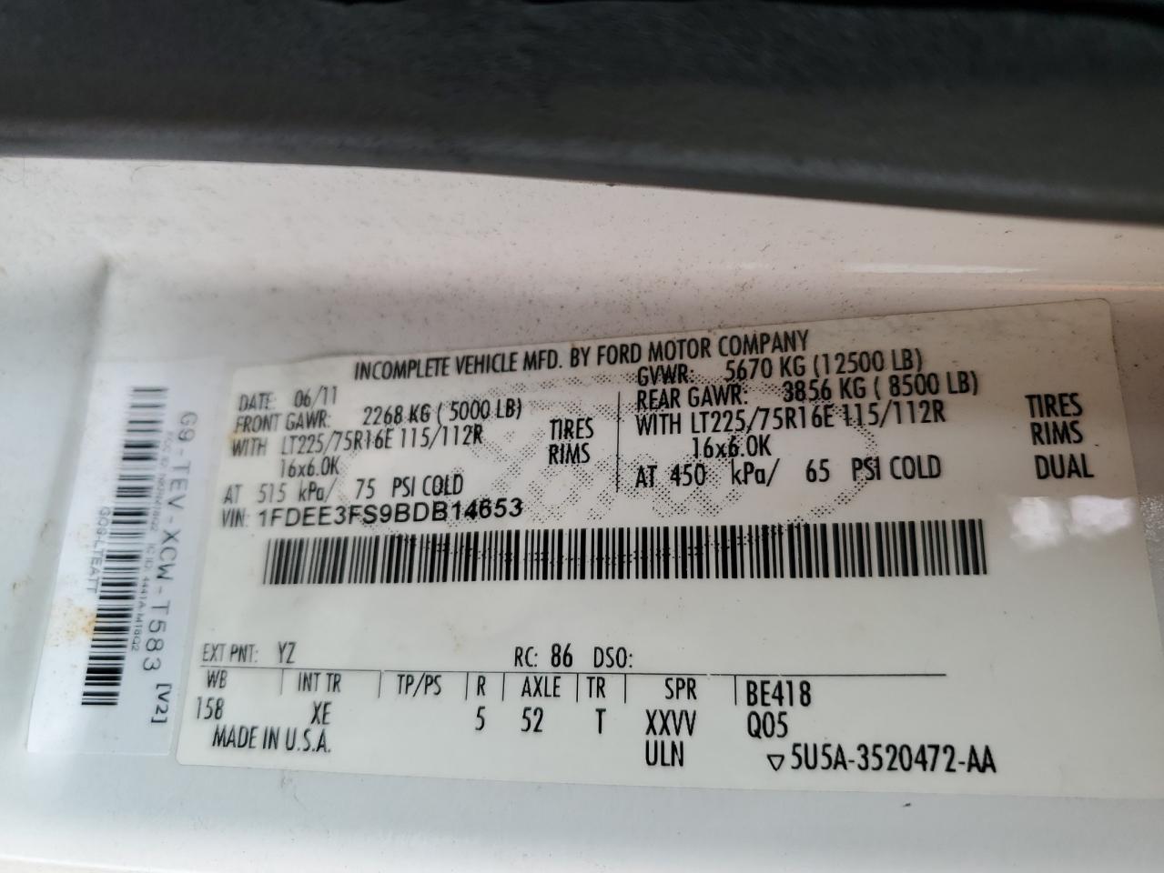 2011 Ford E-350 Cutaway VIN: 1FDEE3FS9BDB14653 Lot: 43276235