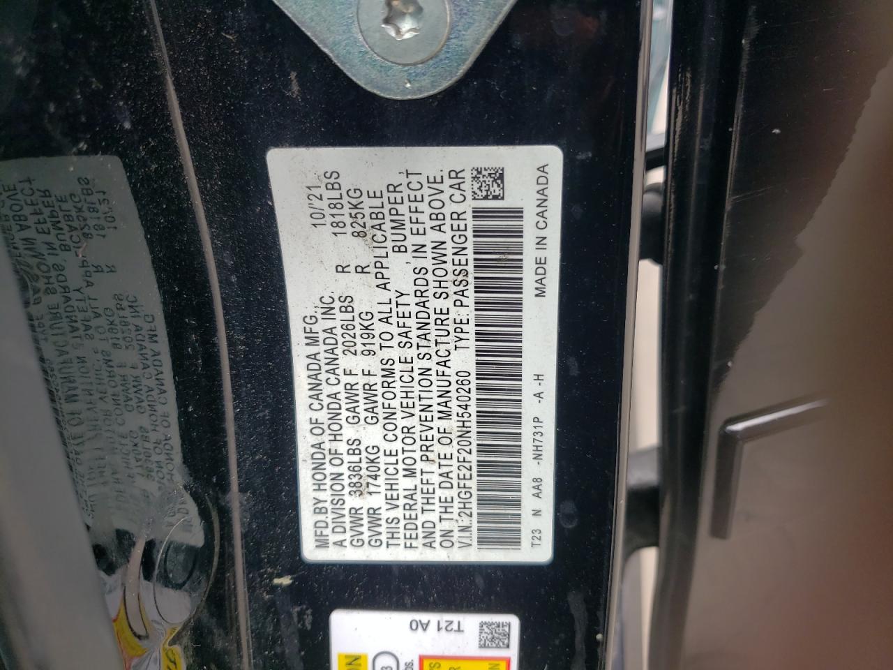 2HGFE2F20NH540260 2022 Honda Civic Lx
