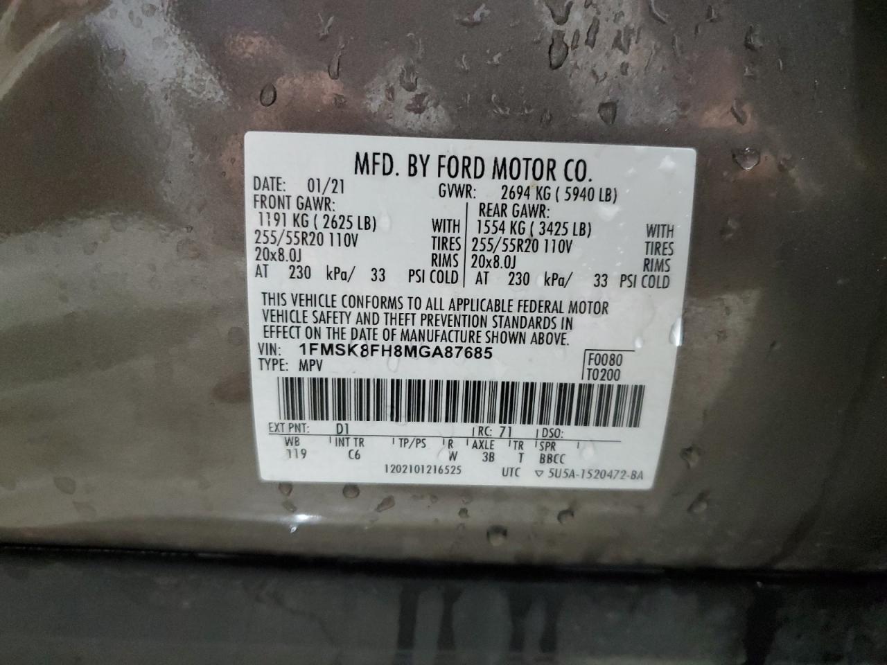 2021 Ford Explorer Limited VIN: 1FMSK8FH8MGA87685 Lot: 71851144