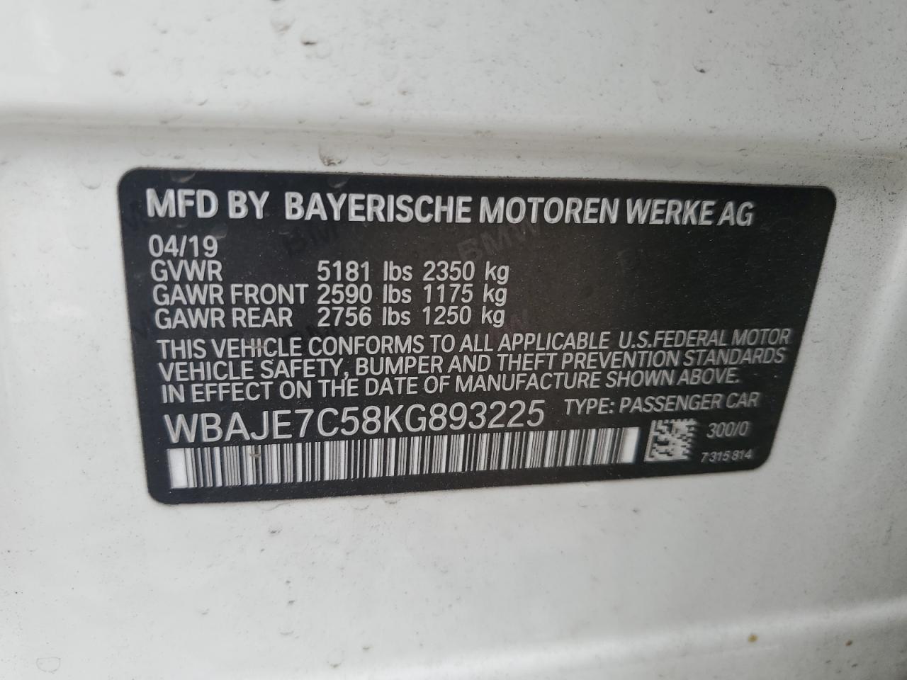 WBAJE7C58KG893225 2019 BMW 540 Xi