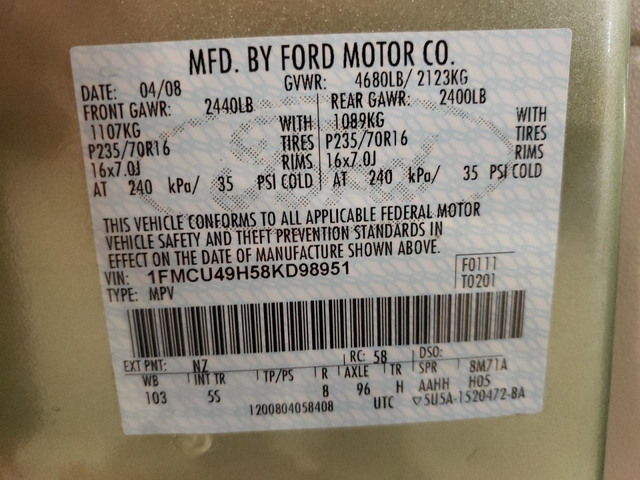 1FMCU49H58KD98951 2008 Ford Escape Hev