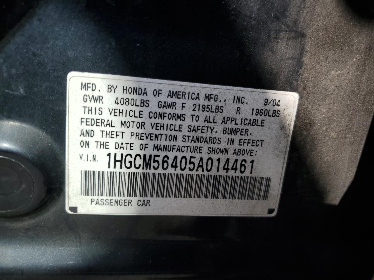 1HGCM56405A014461 2005 Honda Accord Lx