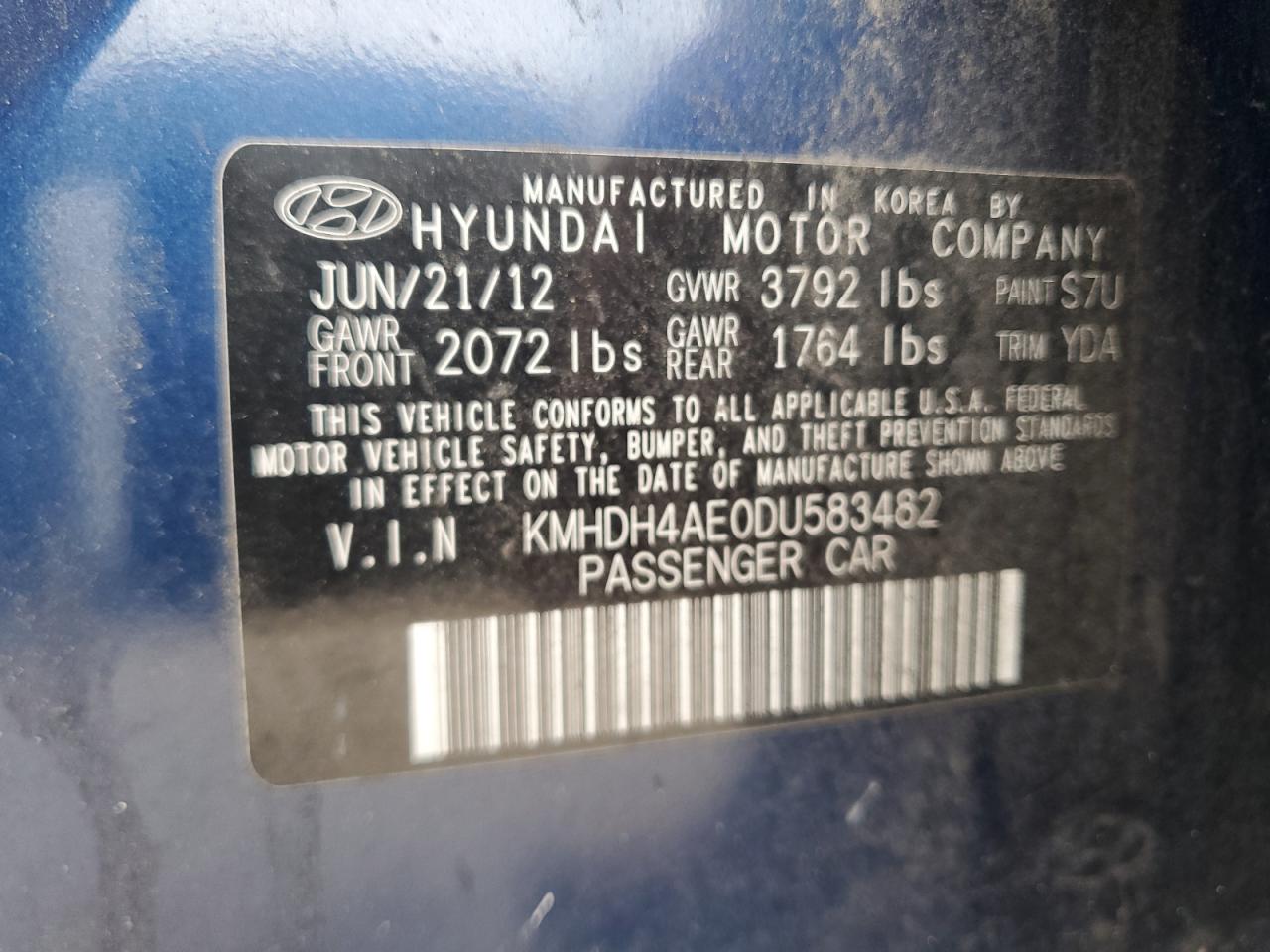 VIN KMHDH4AE0DU583482 2013 HYUNDAI ELANTRA no.12