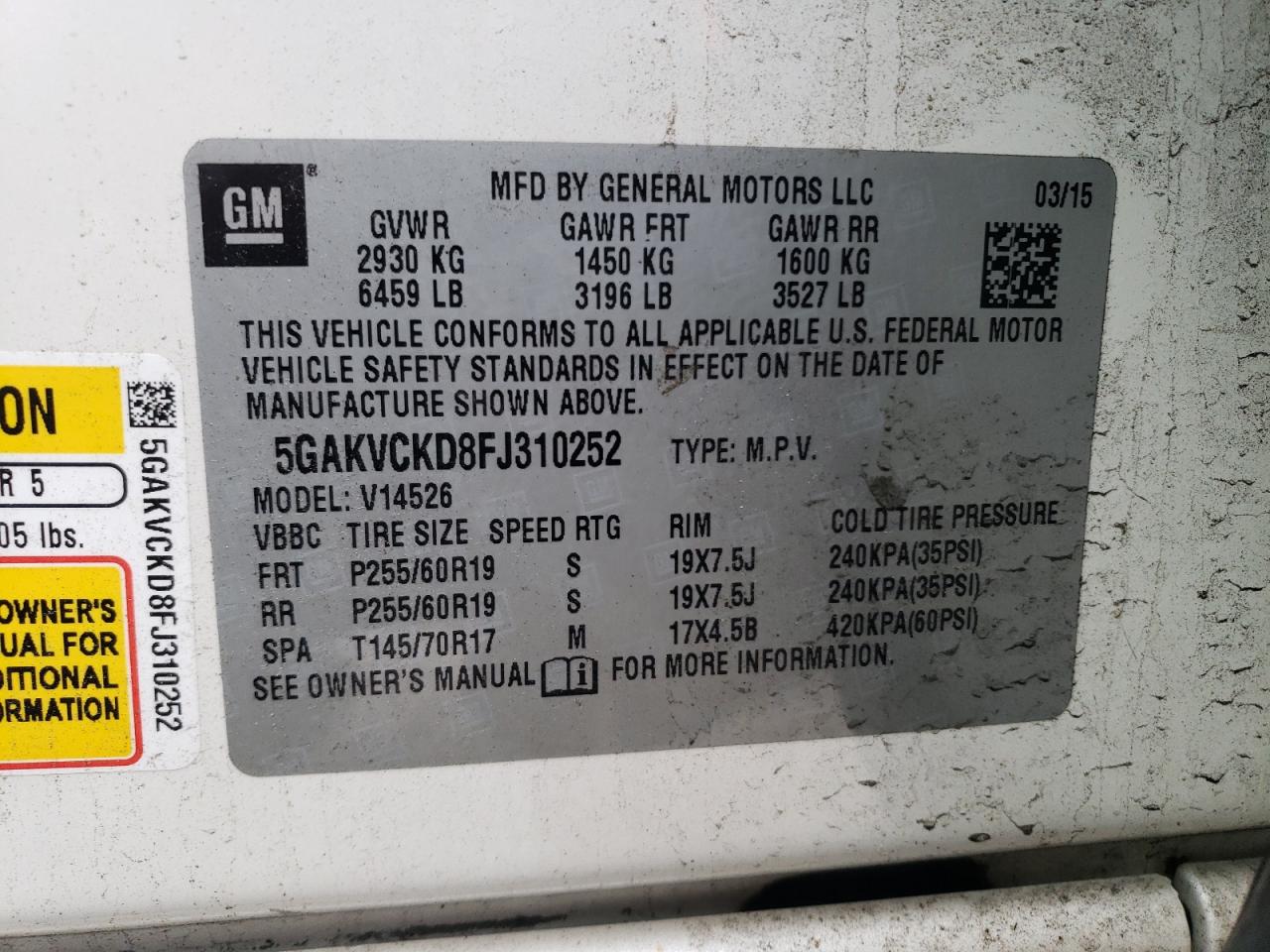 5GAKVCKD8FJ310252 2015 Buick Enclave