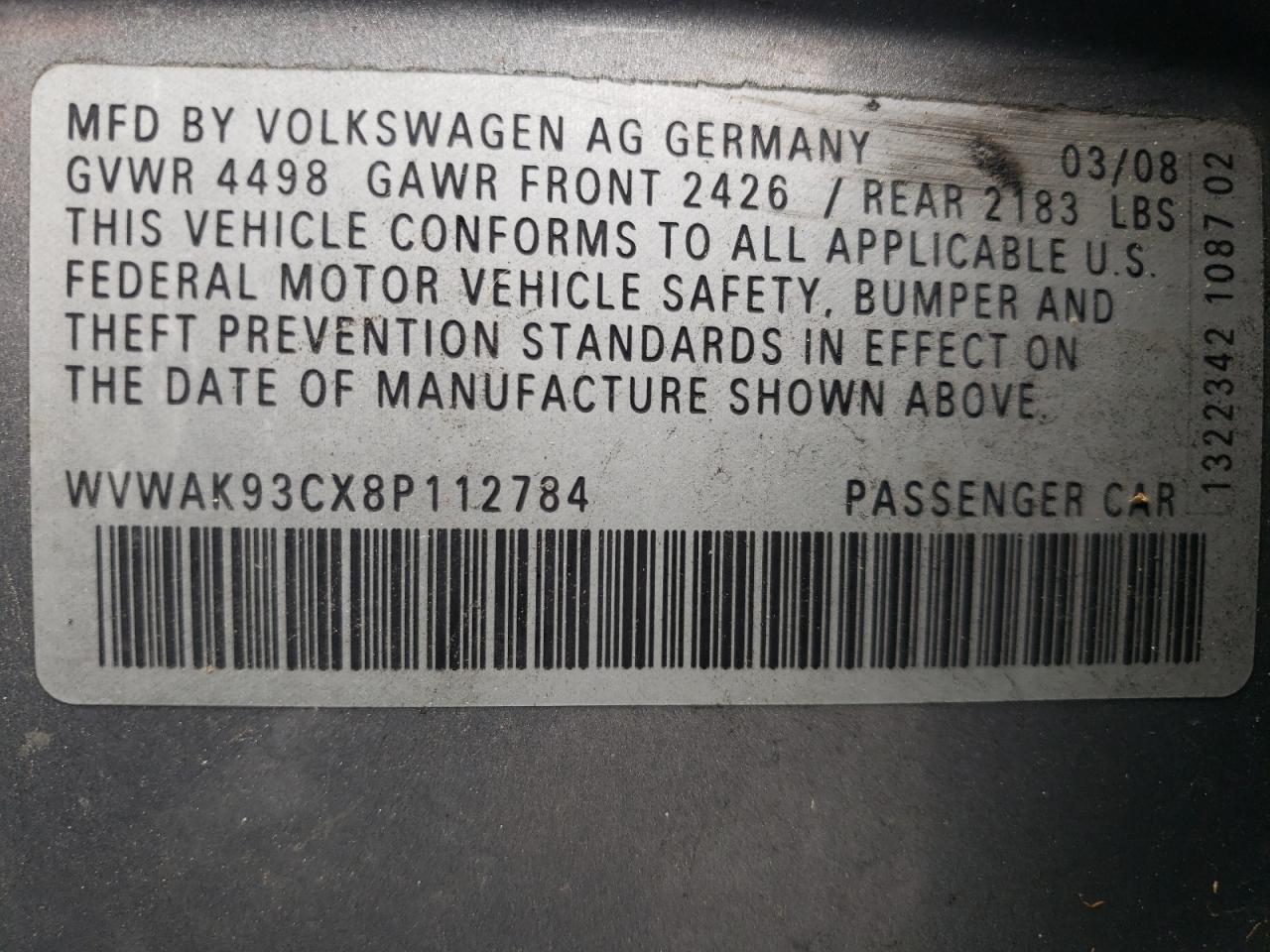 WVWAK93CX8P112784 2008 Volkswagen Passat Komfort