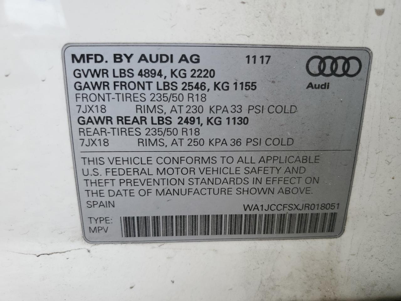 WA1JCCFSXJR018051 2018 Audi Q3 Premium Plus