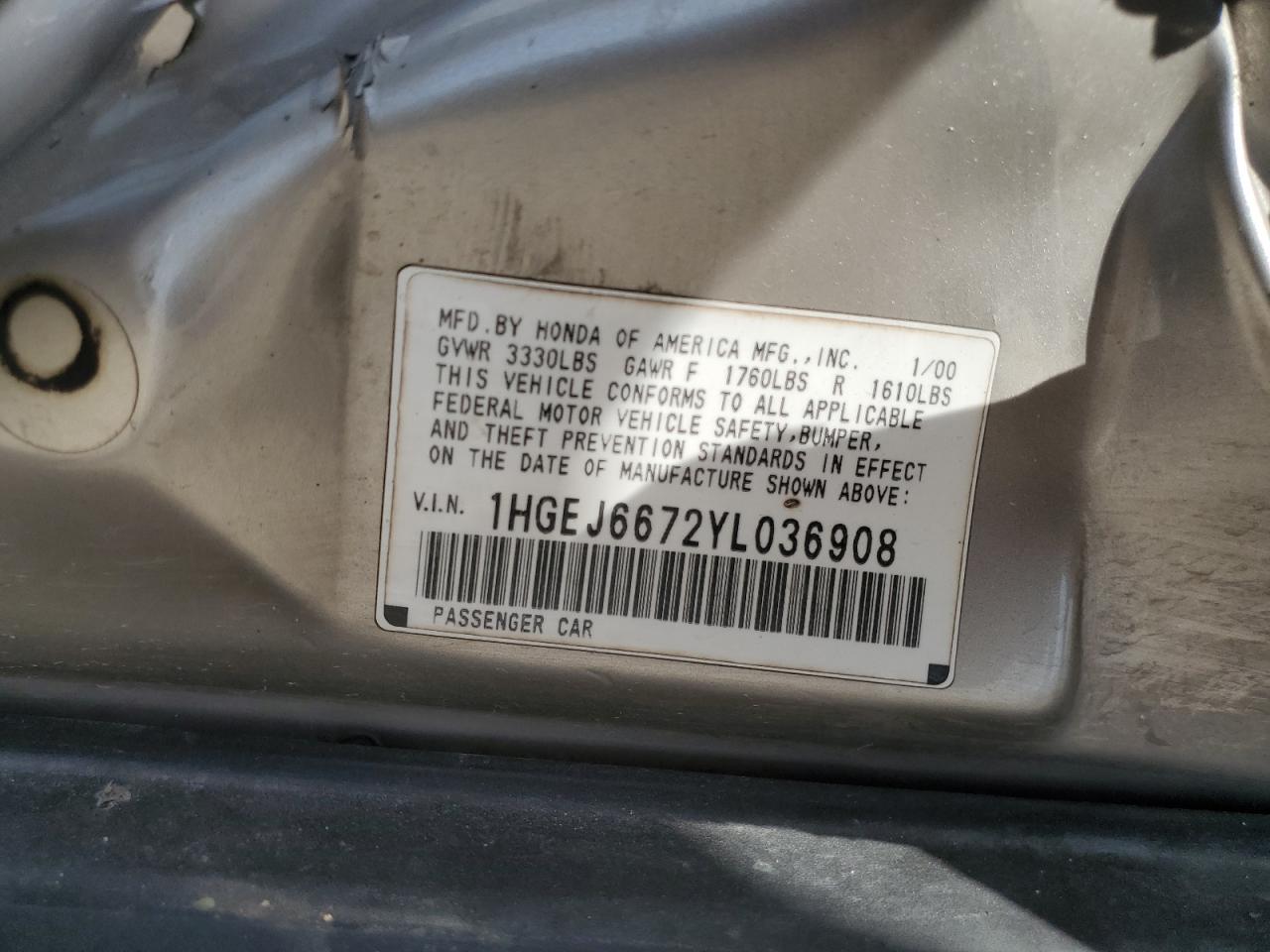 1HGEJ6672YL036908 2000 Honda Civic Lx