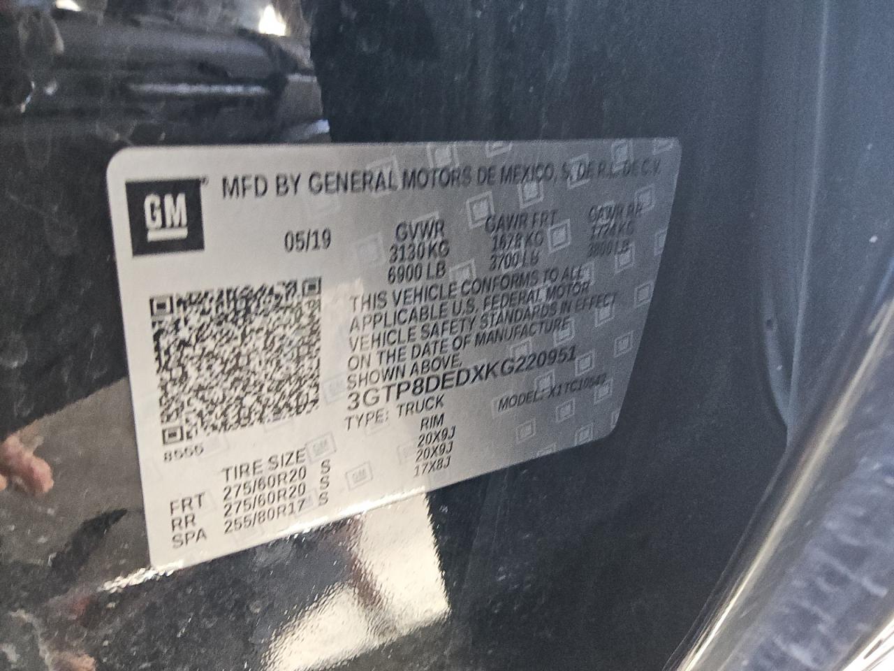 3GTP8DEDXKG220951 2019 GMC Sierra C1500 Slt