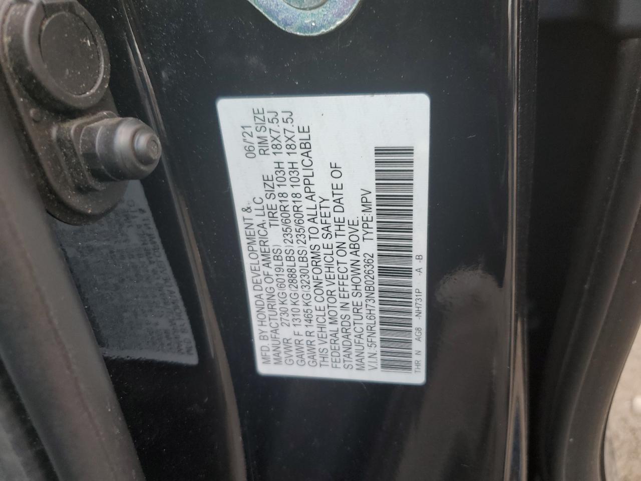 5FNRL6H73NB026362 2022 Honda Odyssey Exl