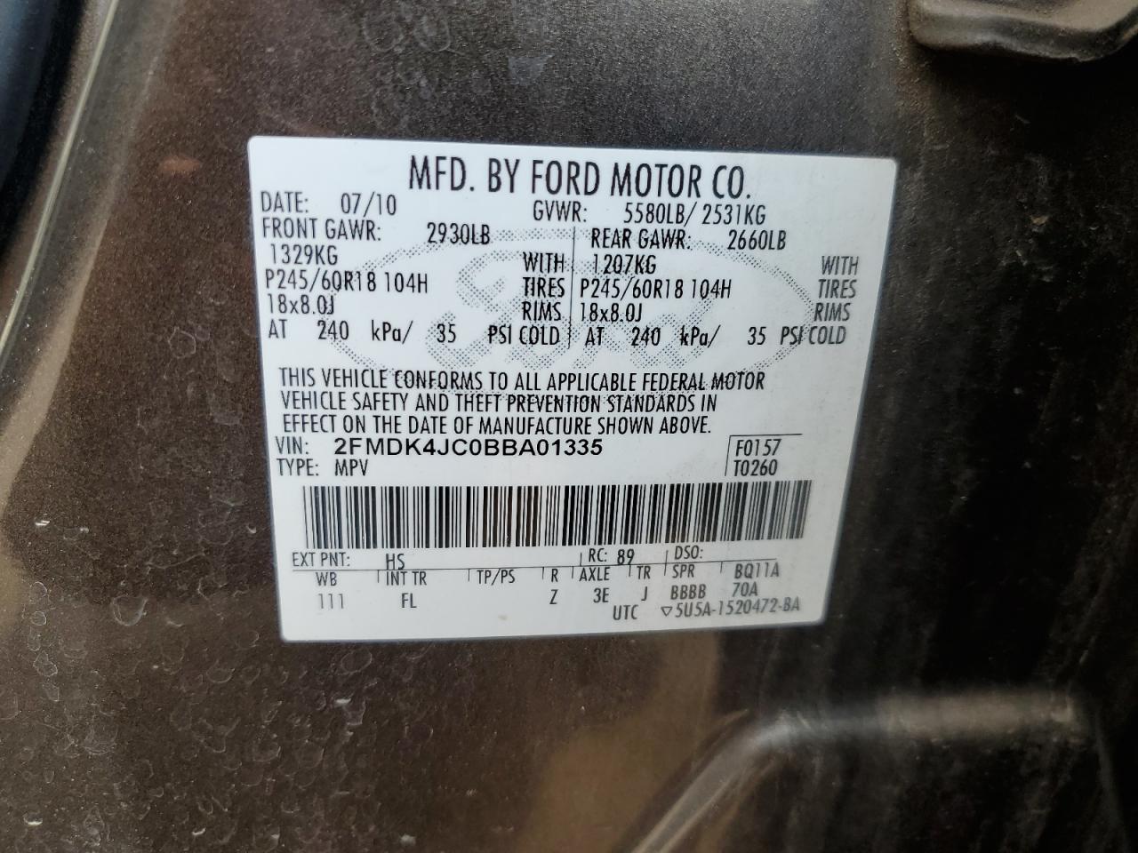 2011 Ford Edge Sel VIN: 2FMDK4JC0BBA01335 Lot: 72560284