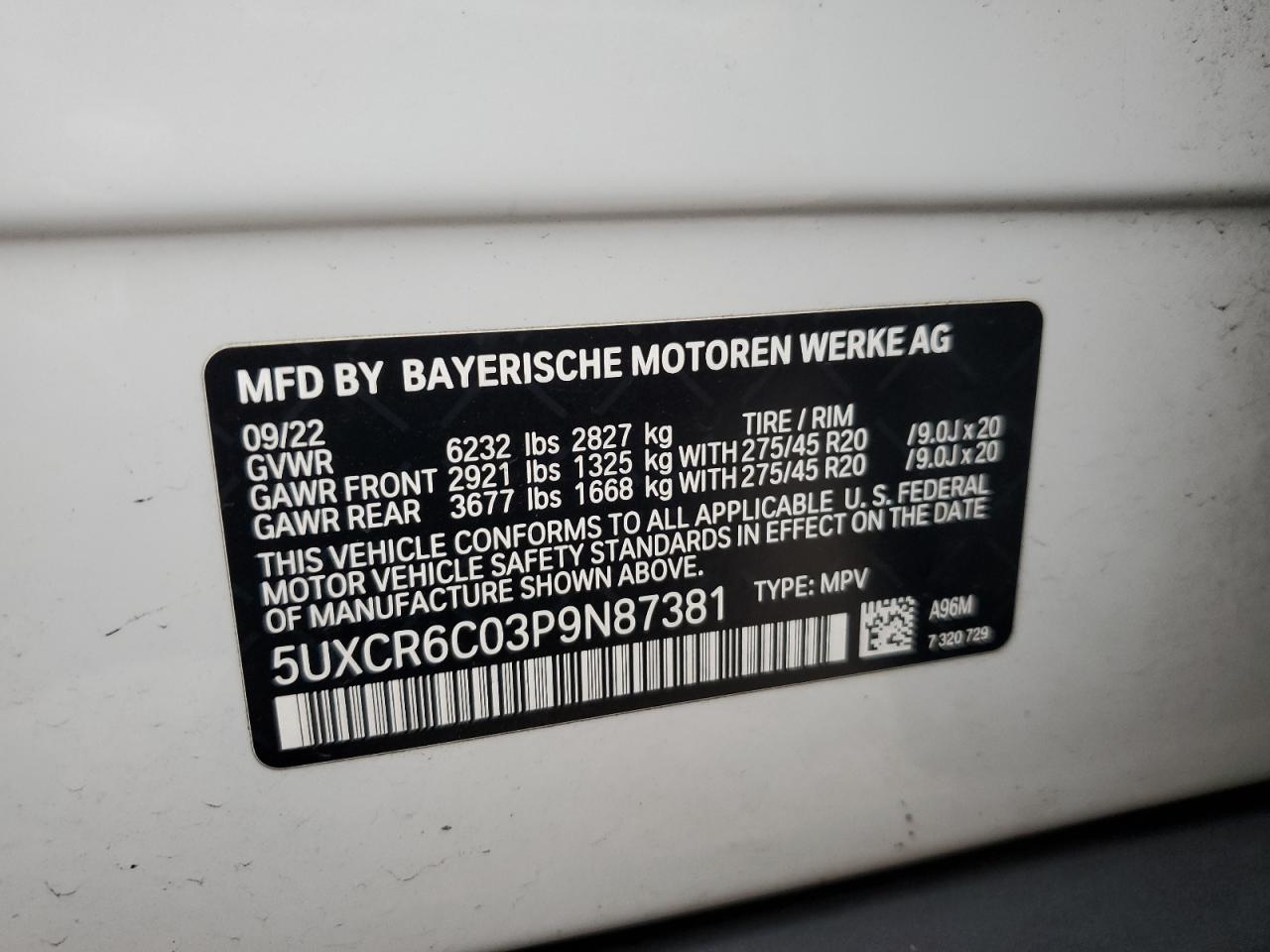 2023 BMW X5 xDrive40I VIN: 5UXCR6C03P9N87381 Lot: 73039614