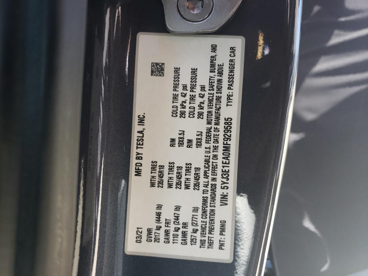 5YJ3E1EA0MF929585 2021 Tesla Model 3