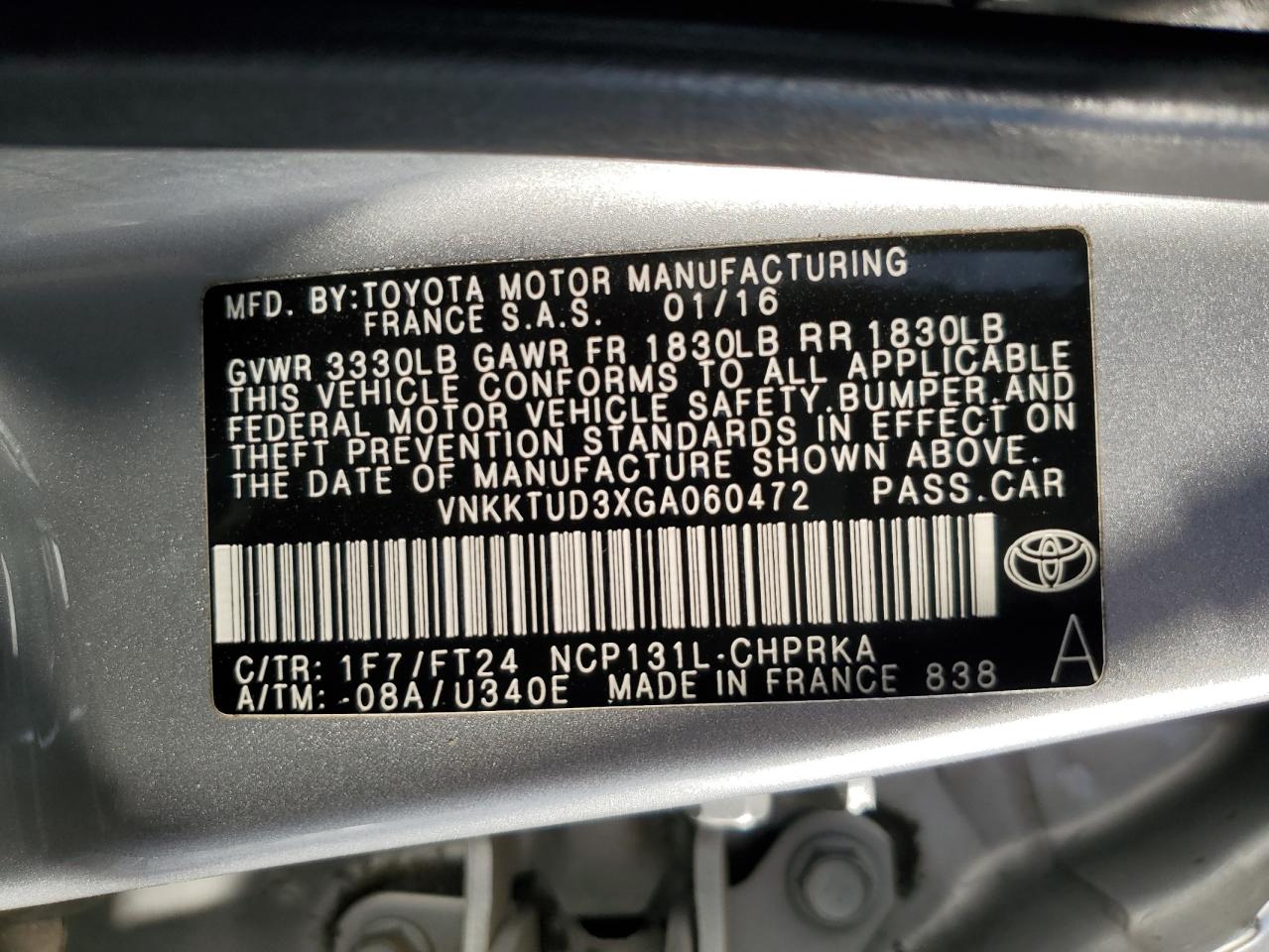 VNKKTUD3XGA060472 2016 Toyota Yaris L