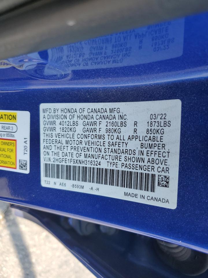 2HGFE1F9XNH316324 2022 Honda Civic Touring 2HGFE1F9XNH316324 2022 Honda Civic Touring