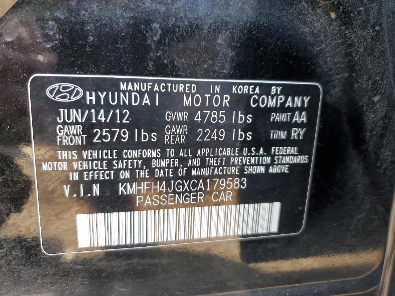 KMHFH4JGXCA179583 2012 Hyundai Azera Gls