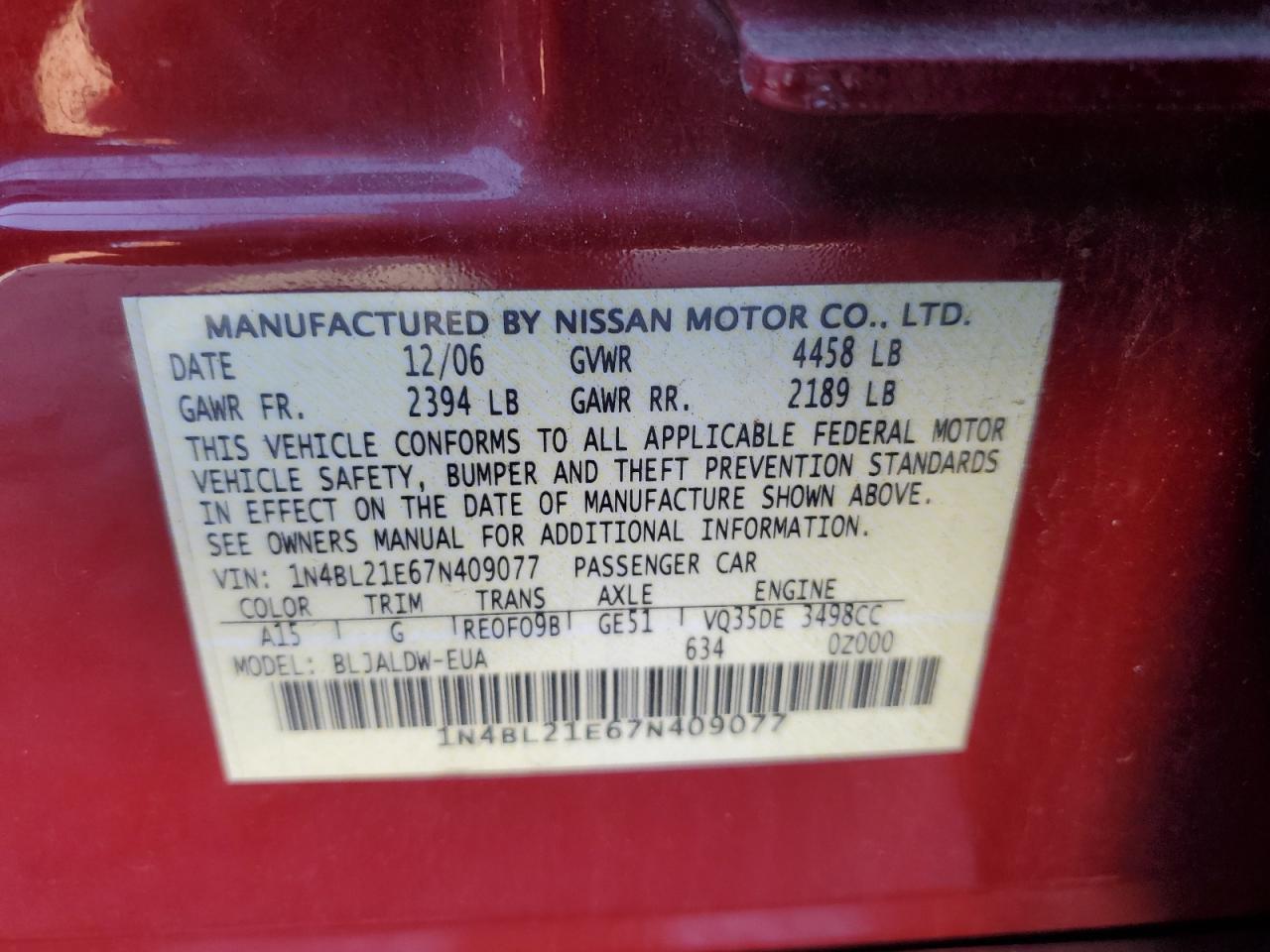 1N4BL21E67N409077 2007 Nissan Altima 3.5Se