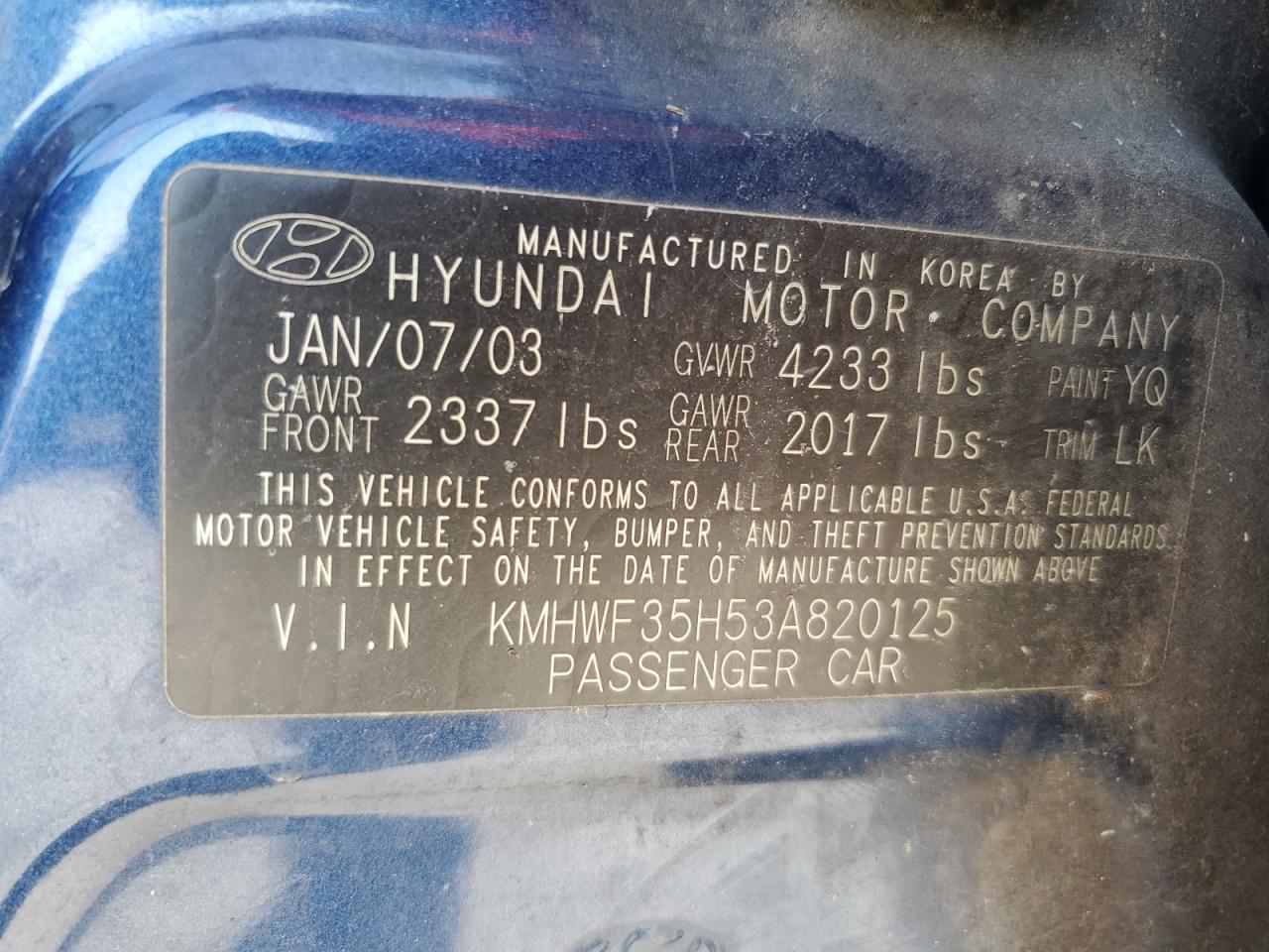 KMHWF35H53A820125 2003 Hyundai Sonata Gls