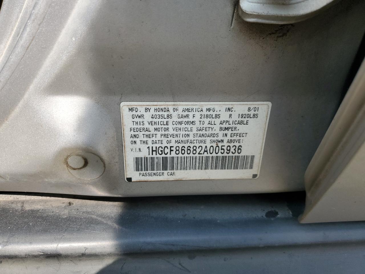 1HGCF86682A005936 2002 Honda Accord Value