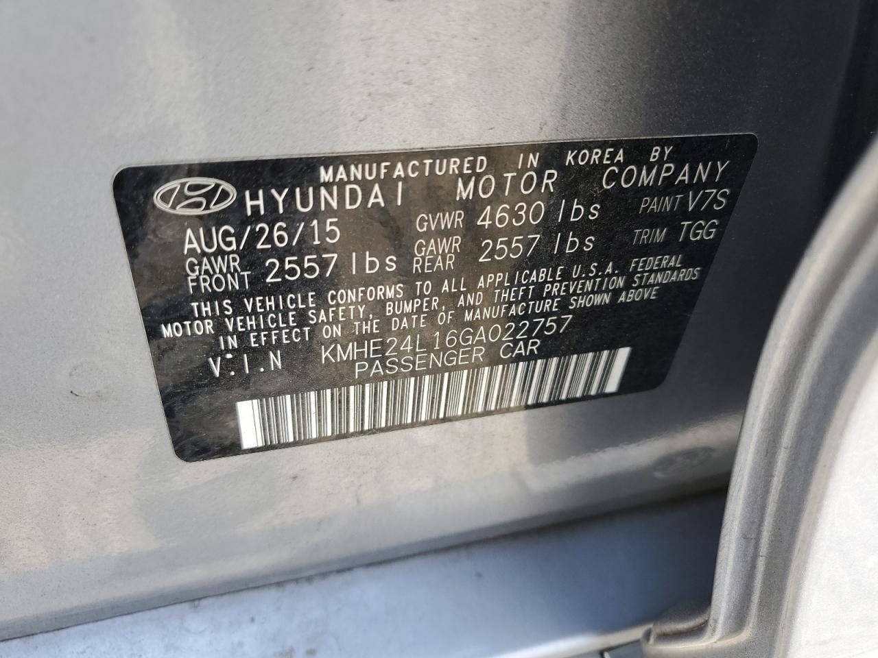 KMHE24L16GA022757 2016 Hyundai Sonata Hybrid