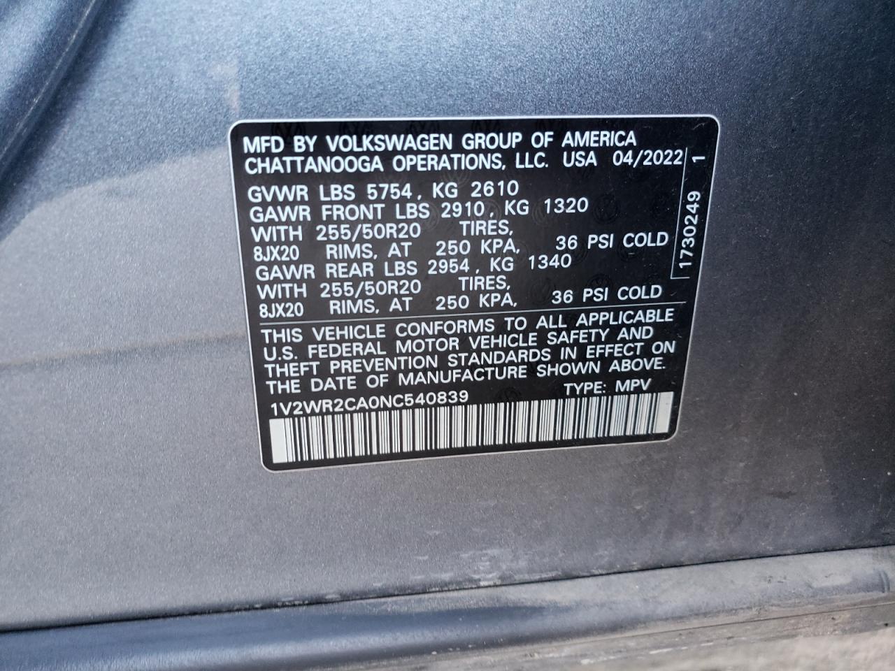 1V2WR2CA0NC540839 2022 Volkswagen Atlas Se