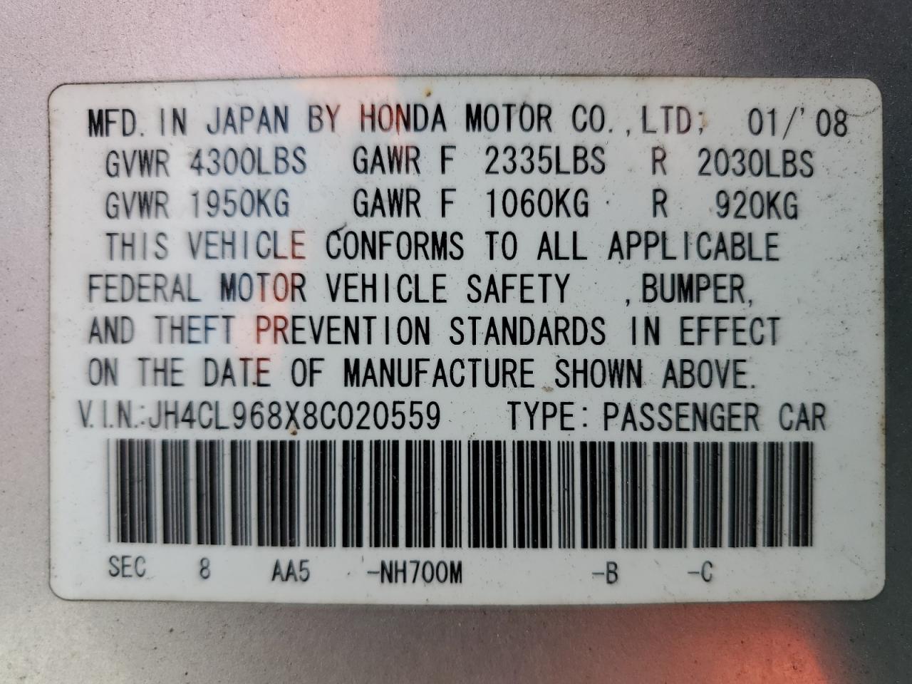 2008 Acura Tsx VIN: JH4CL968X8C020559 Lot: 73752704