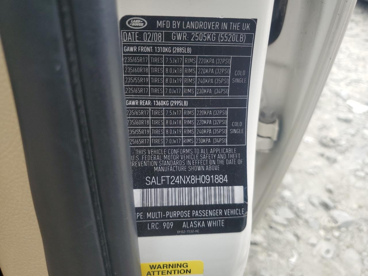 SALFT24NX8H091884 2008 Land Rover Lr2 Hse Technology