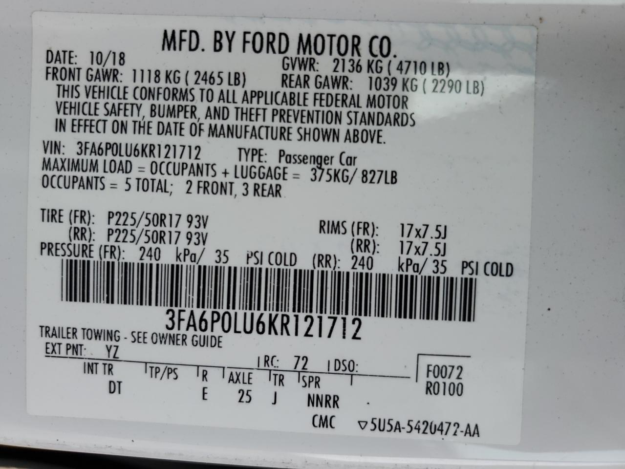 3FA6P0LU6KR121712 2019 FORD FUSION - Image 14