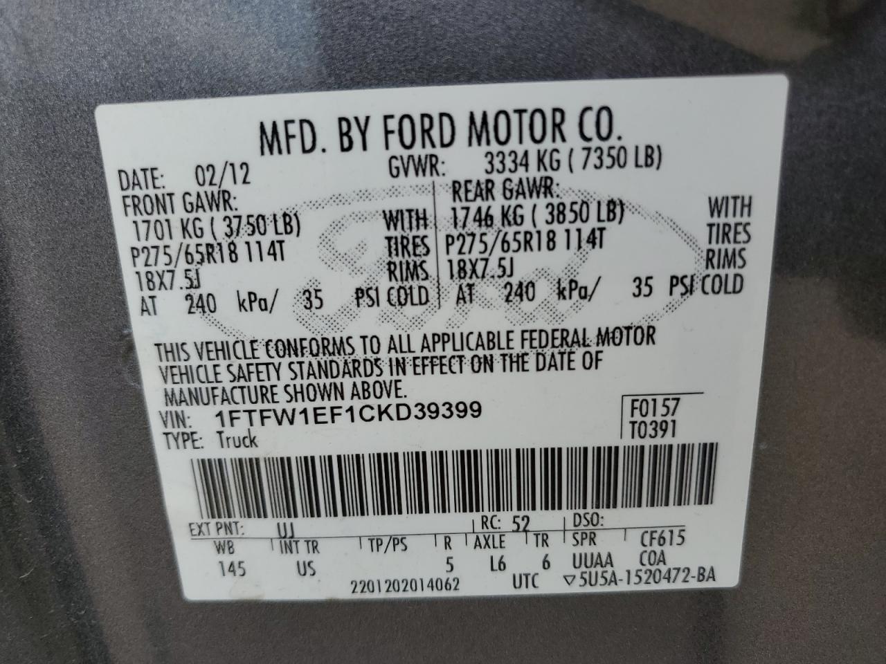 1FTFW1EF1CKD39399 2012 Ford F150 Supercrew