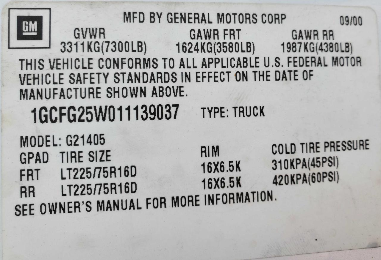 2001 Chevrolet Express G2500 VIN: 1GCFG25W011149037 Lot: 71613664