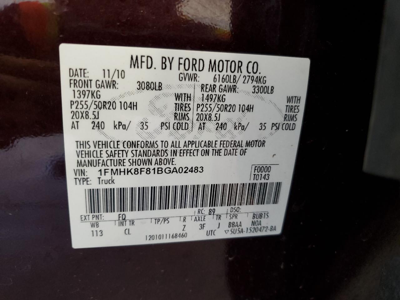 2011 Ford Explorer Limited VIN: 1FMHK8F81BGA02483 Lot: 72964864