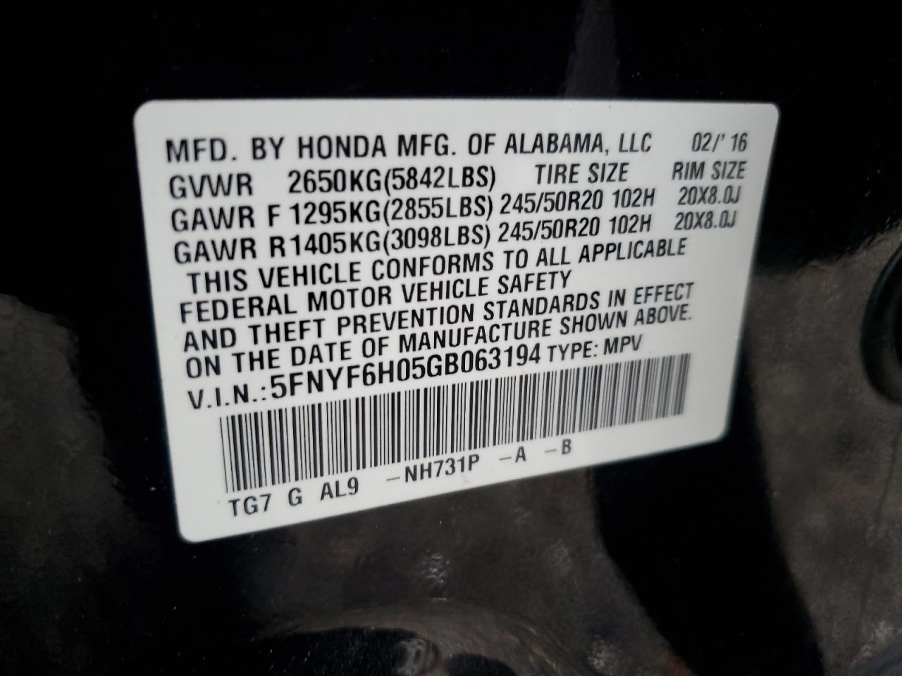 5FNYF6H05GB063194 2016 Honda Pilot Elite