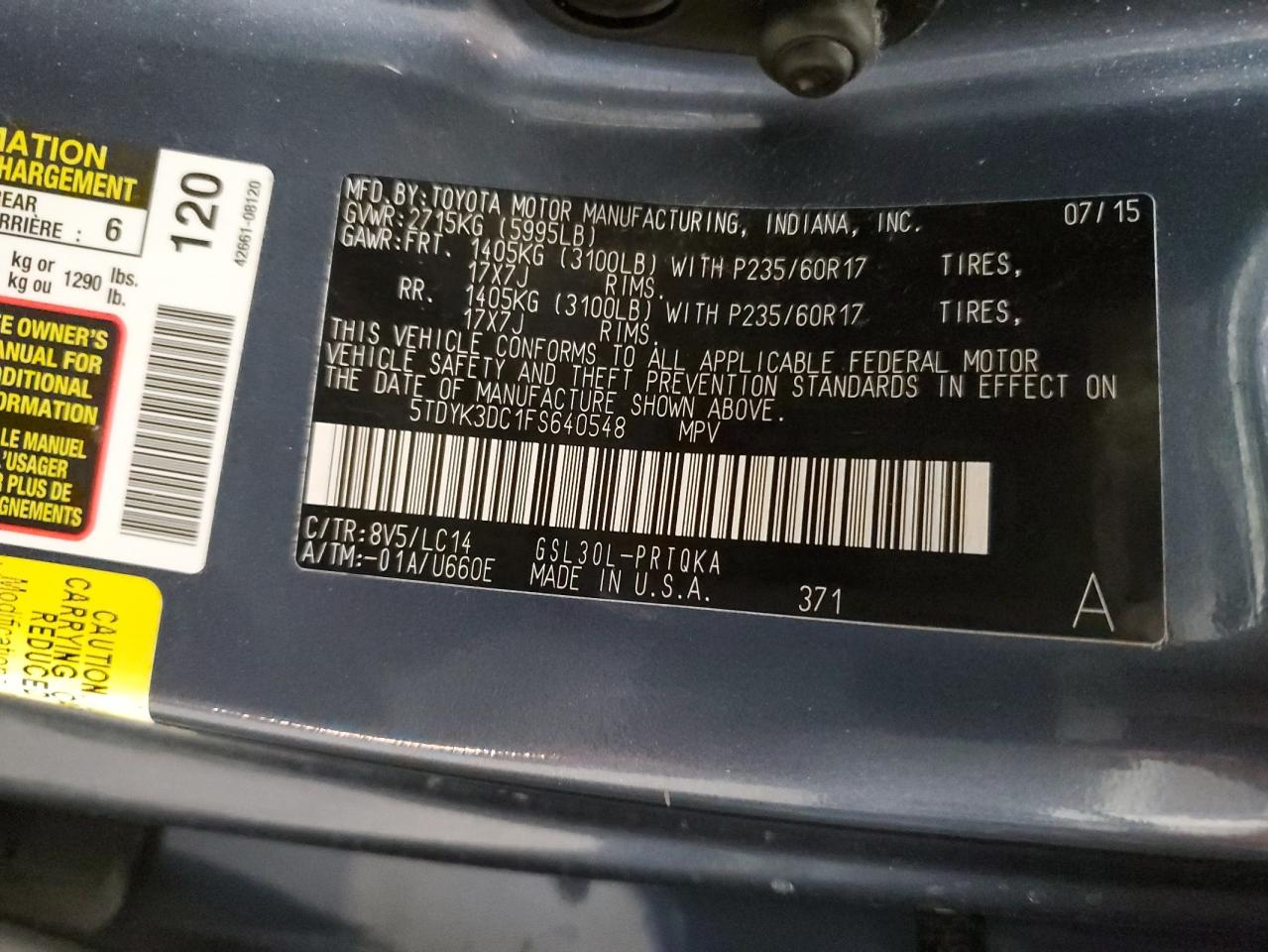 5TDYK3DC1FS640548 2015 Toyota Sienna Xle