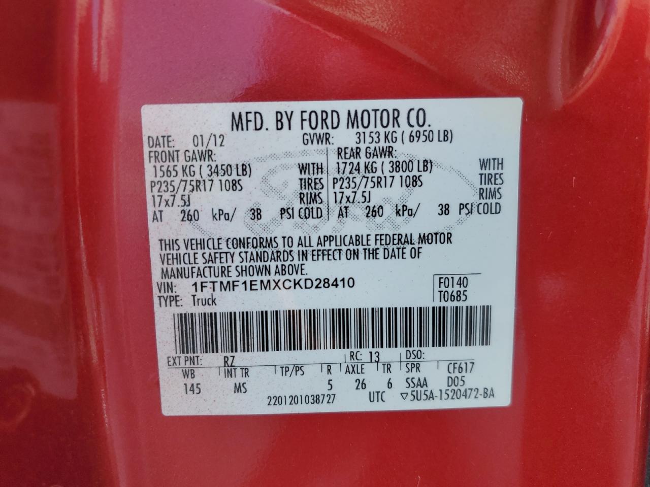 2012 Ford F150 VIN: 1FTMF1EMXCKD28410 Lot: 69624774