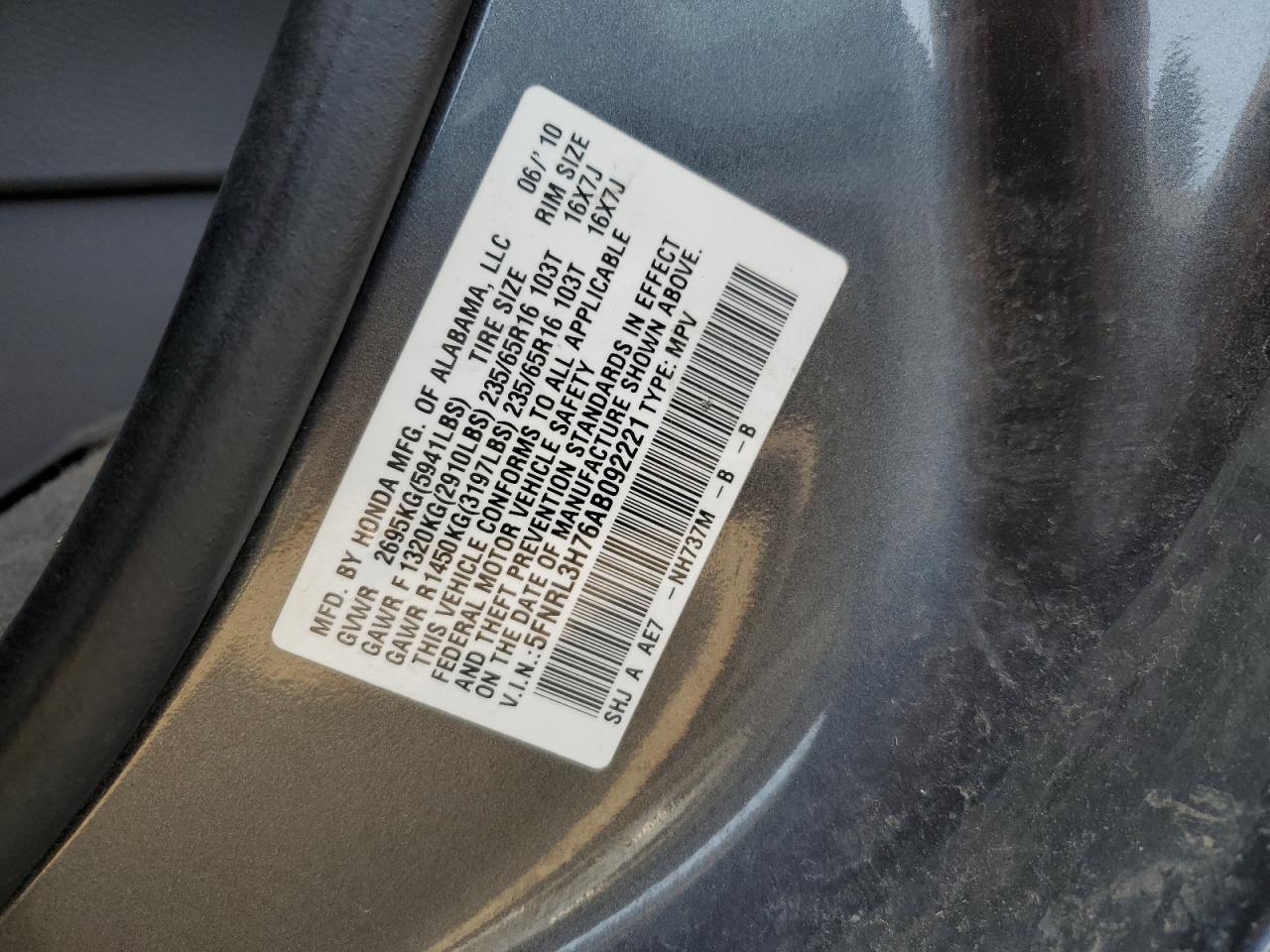 5FNRL3H76AB092221 2010 Honda Odyssey Exl