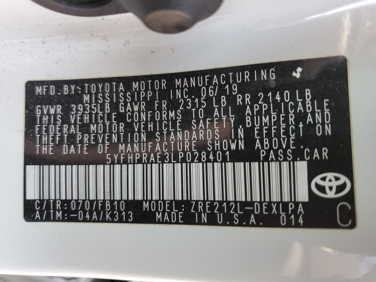 2020 Toyota Corolla Le VIN: 5YFHPRAE3LP028401 Lot: 70179914