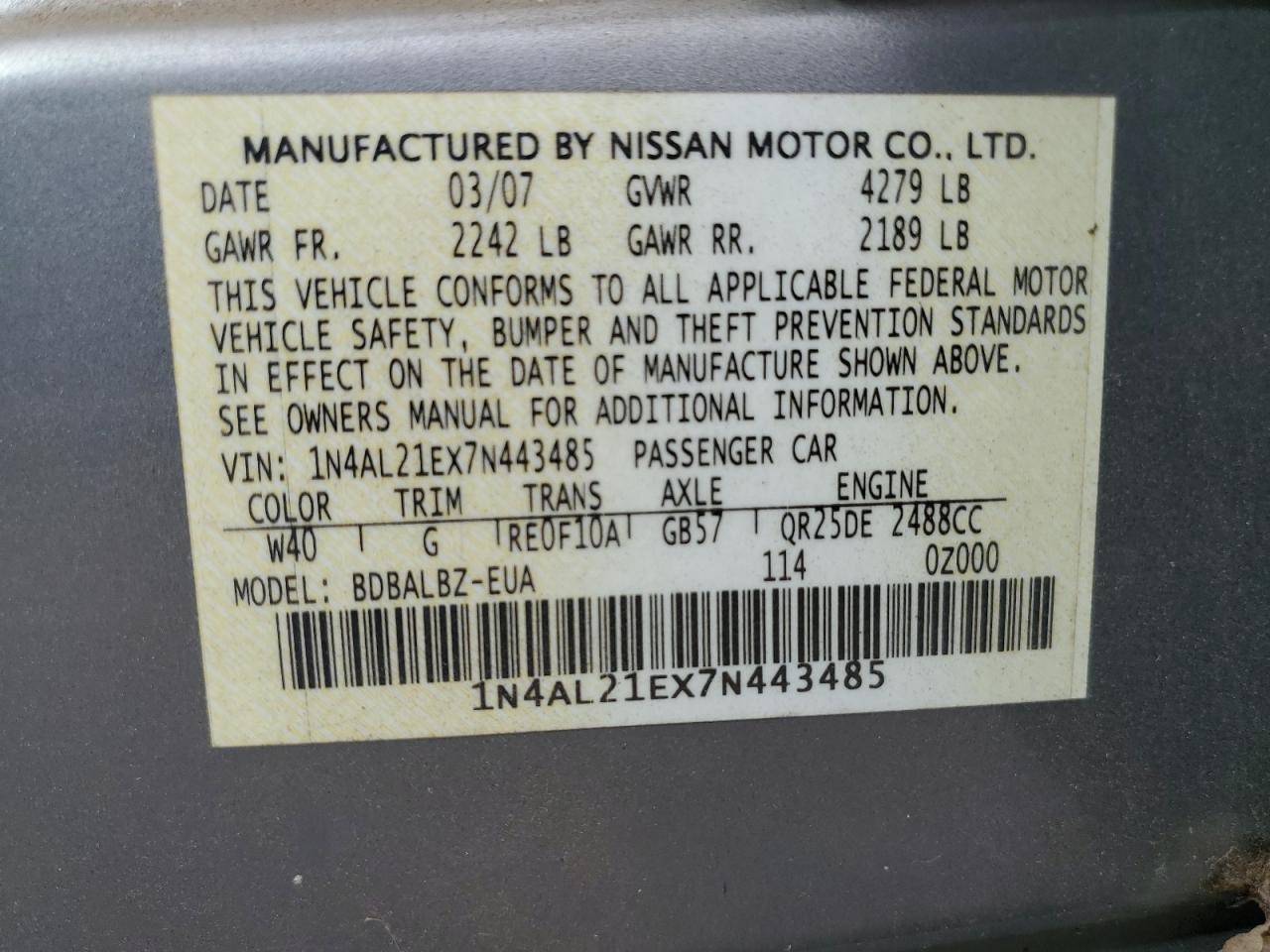 1N4AL21EX7N443485 2007 Nissan Altima 2.5