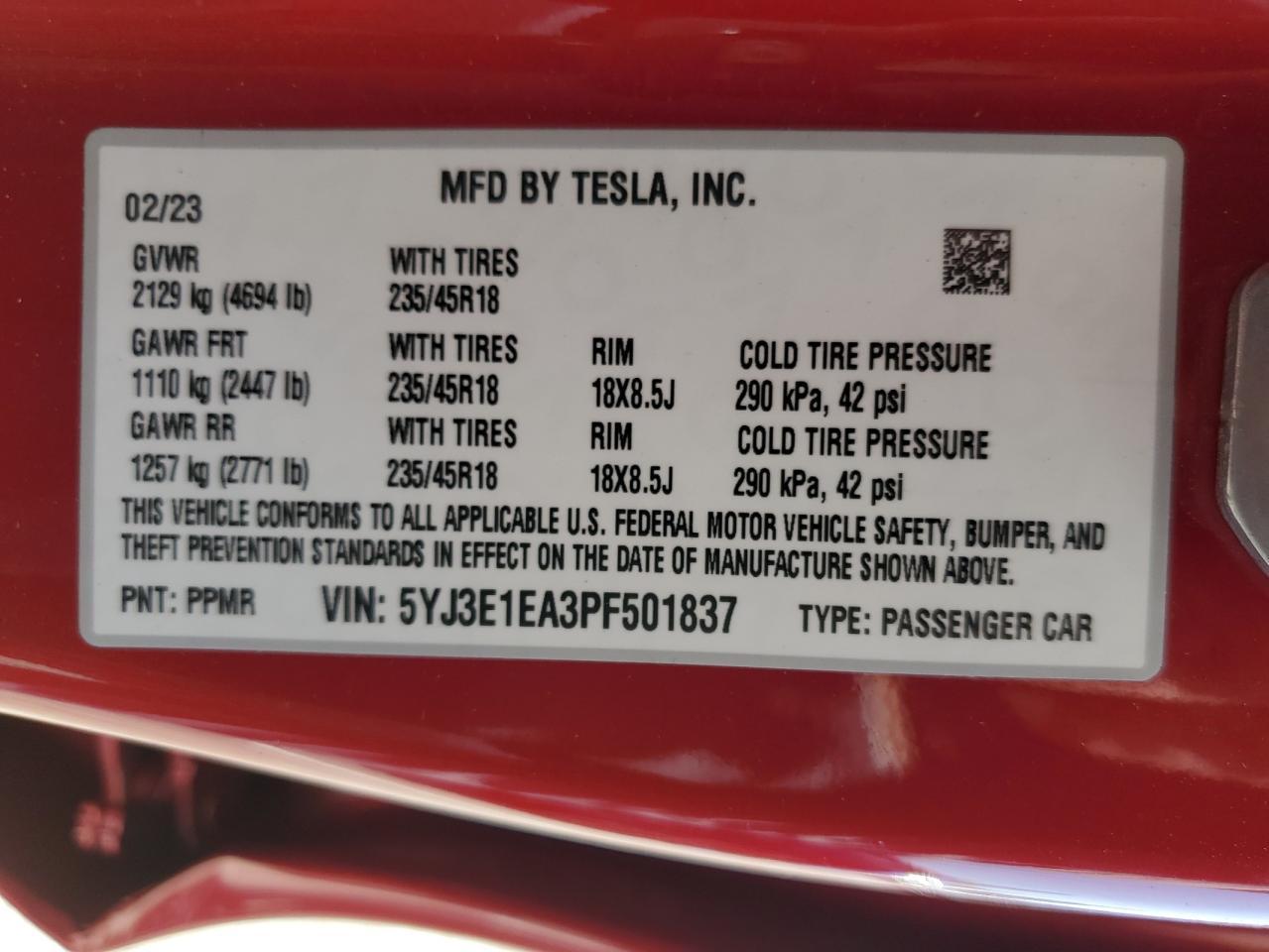 2023 Tesla Model 3 VIN: 5YJ3E1EA3PF501837 Lot: 73363654