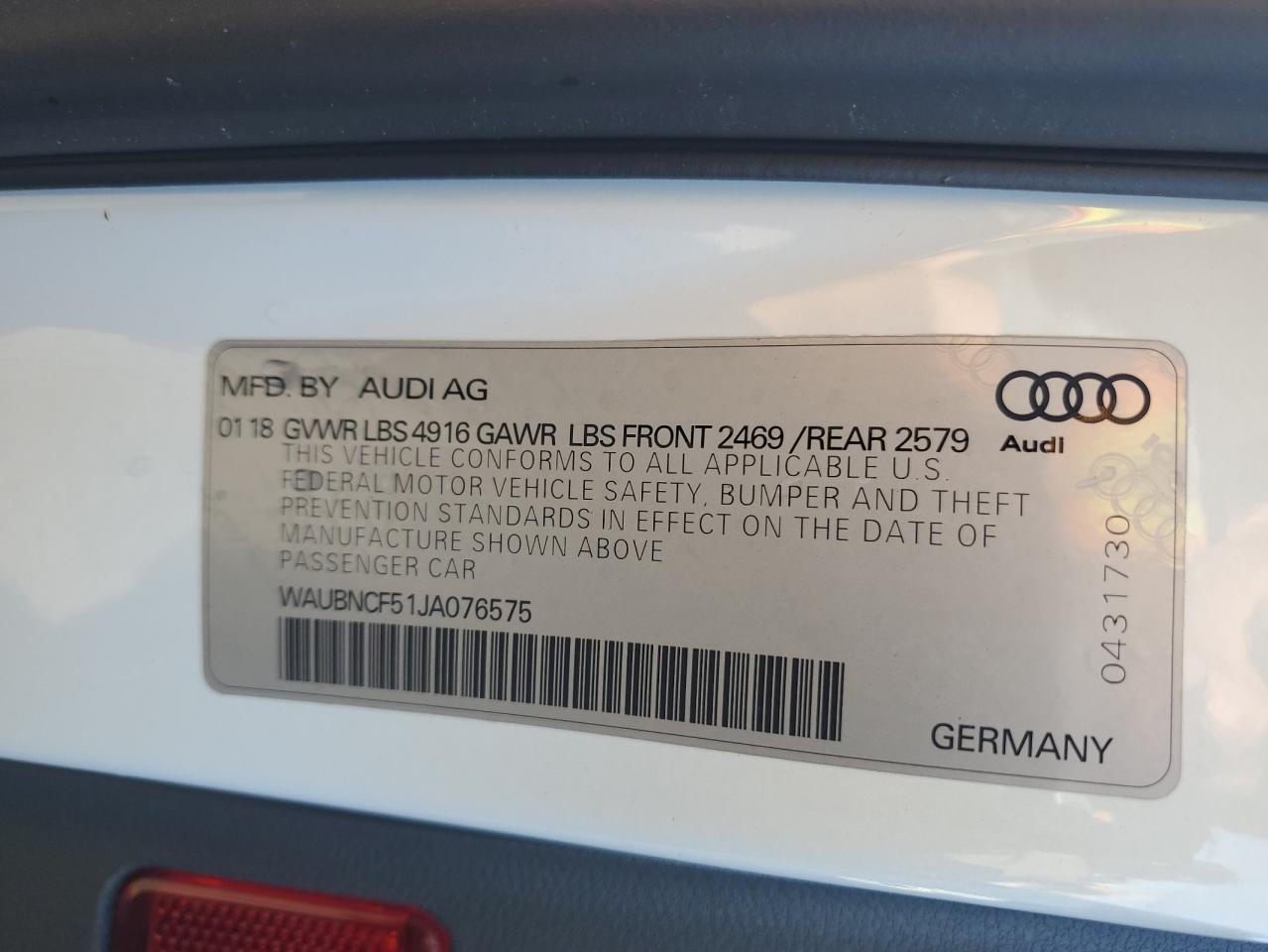 WAUBNCF51JA076575 2018 Audi A5 Premium Plus