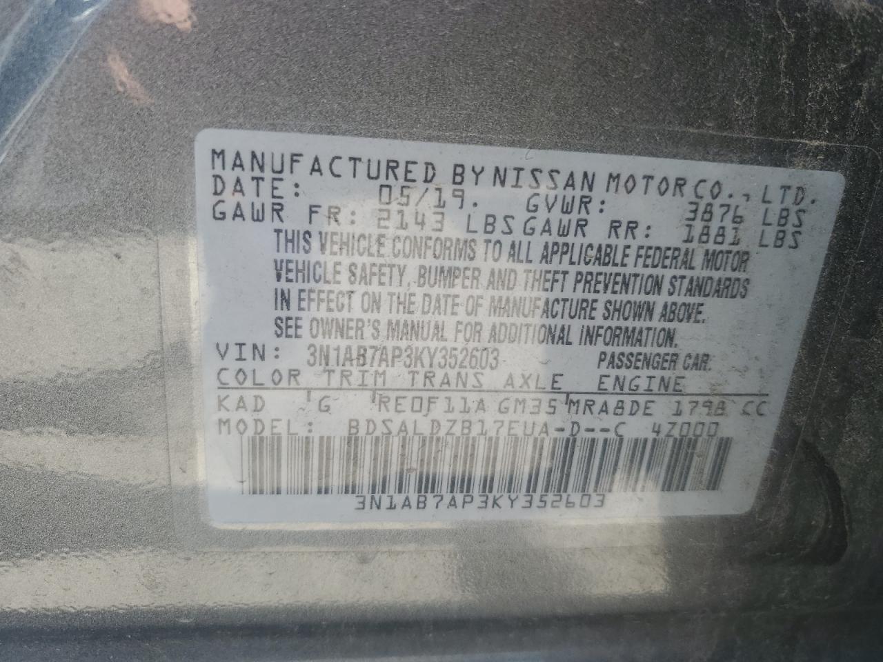 3N1AB7AP3KY352603 2019 Nissan Sentra S