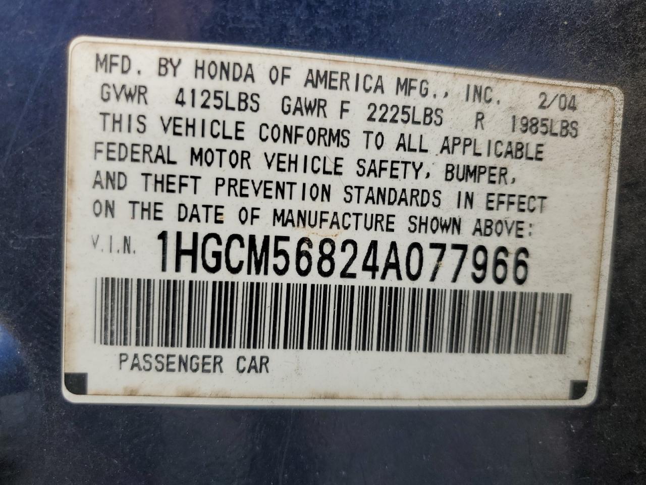 1HGCM56824A077966 2004 Honda Accord Ex