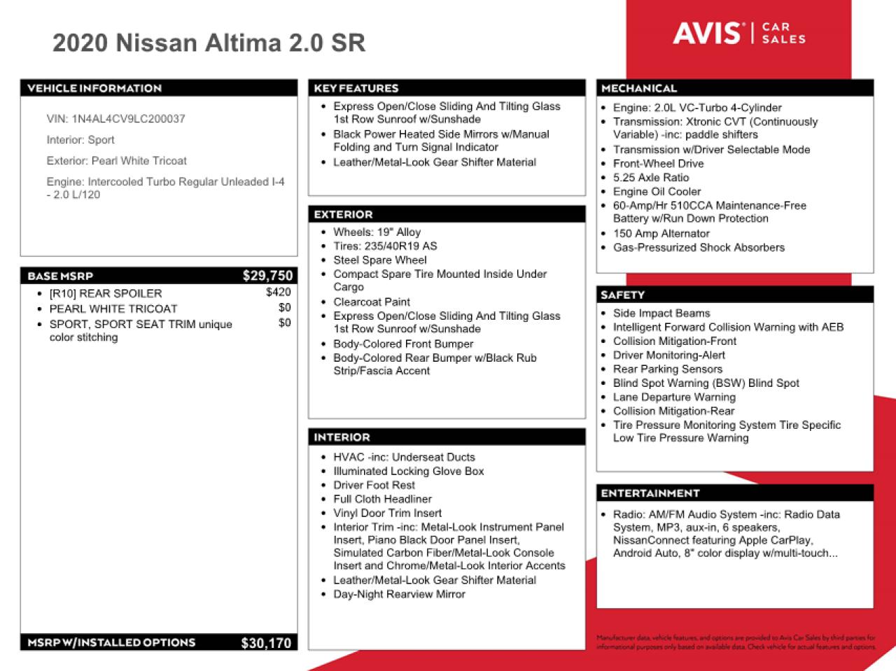 1N4AL4CV9LC200037 2020 Nissan Altima Sr