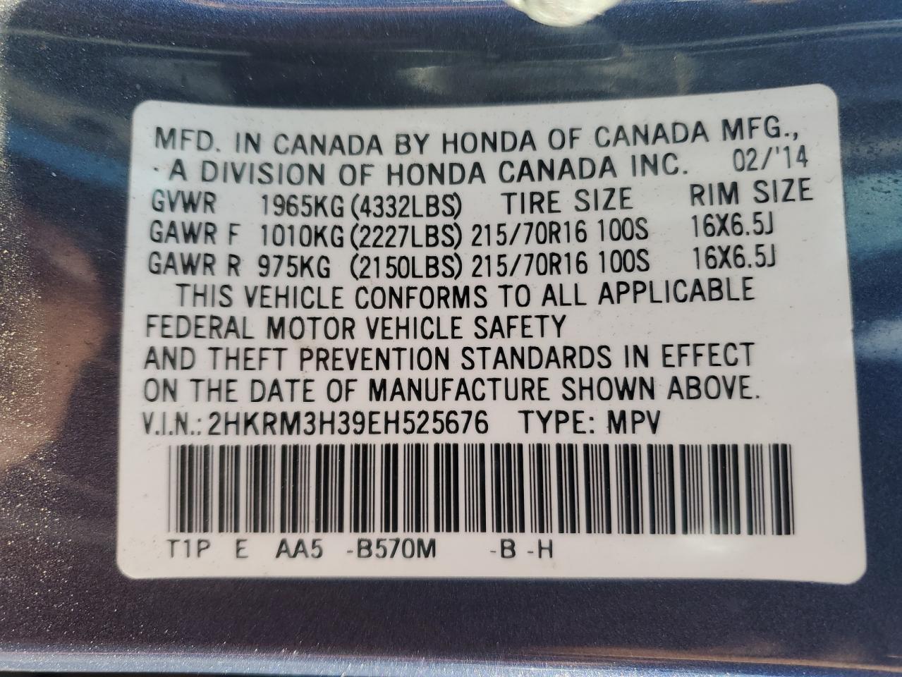 2HKRM3H39EH525676 2014 Honda Cr-V Lx