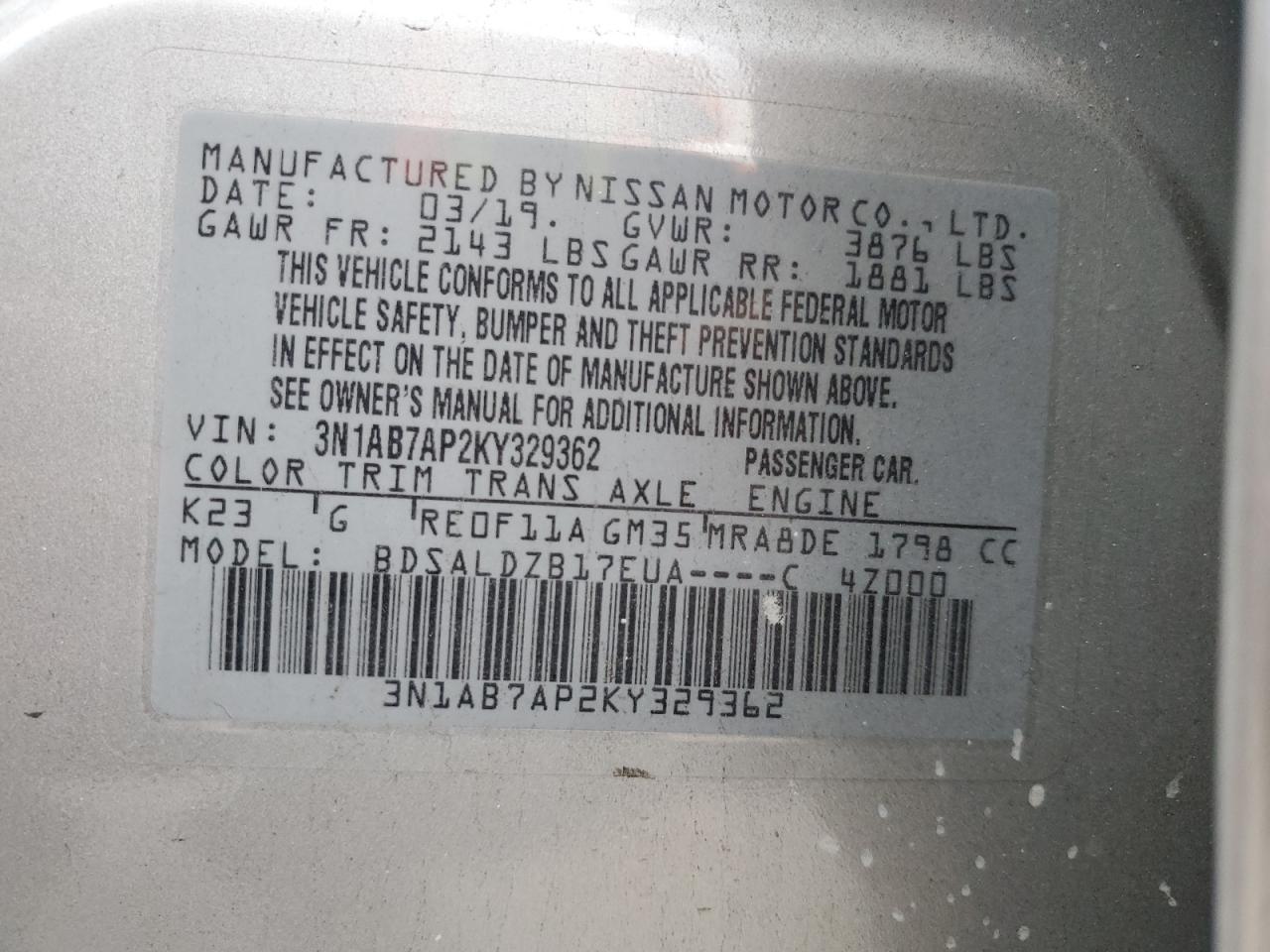 3N1AB7AP2KY329362 2019 Nissan Sentra S