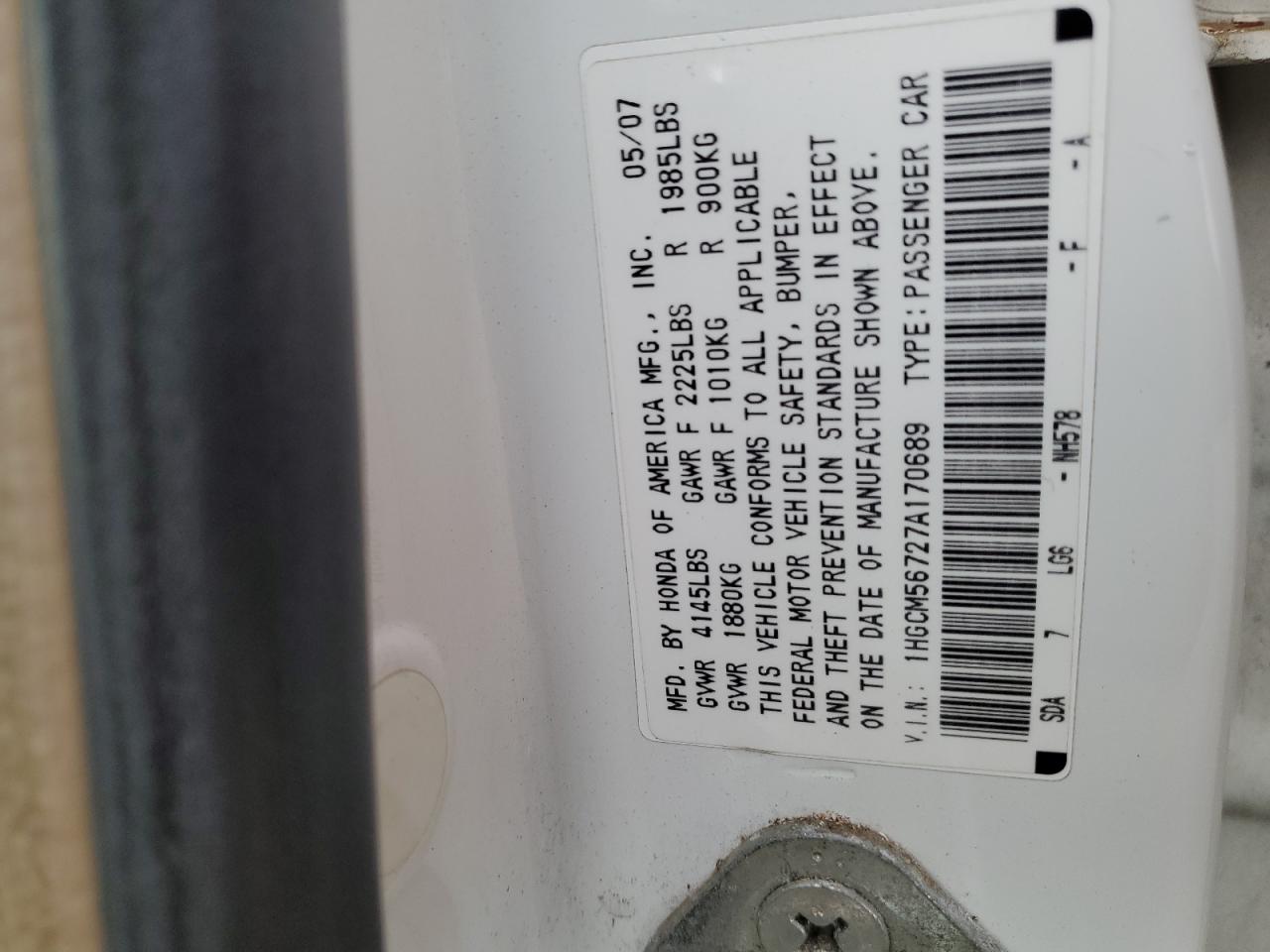 1HGCM56727A170689 2007 Honda Accord Ex